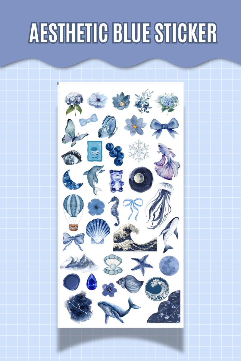 Aesthetic Blue Sticker – Mavi Temalı Deniz Çiçek Fiyonk ve Dekoratif Etiket Ajanda Scrapbook Etiket