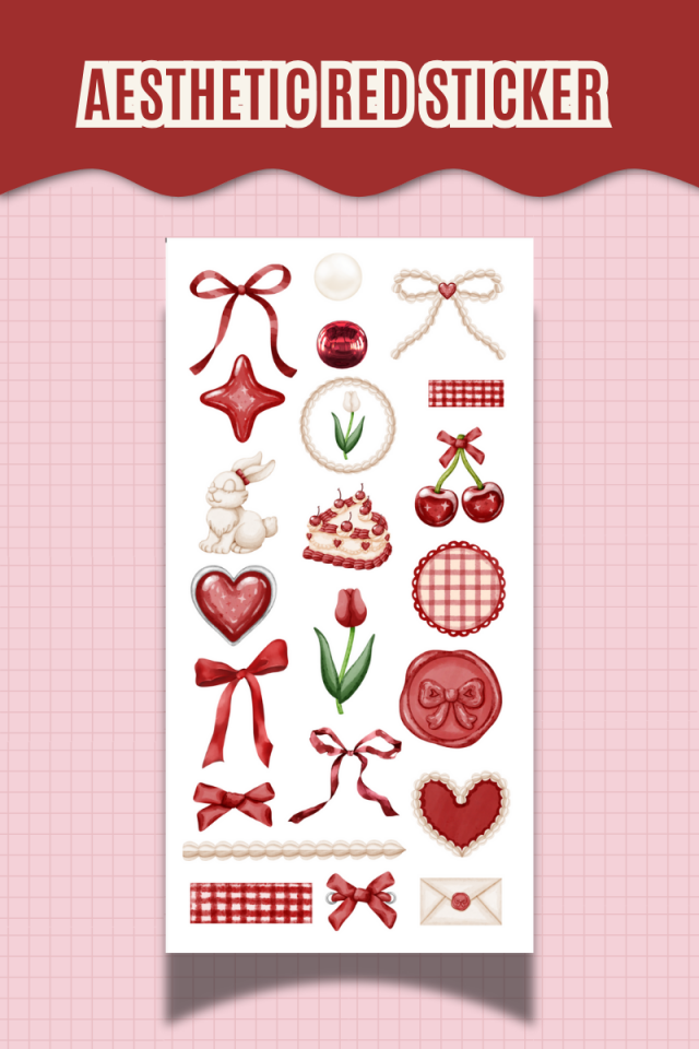 Aesthetic Red Sticker – Kırmızı Temalı Romantik ve Dekoratif Sticker Ajanda Scrapbook Bullet Journal