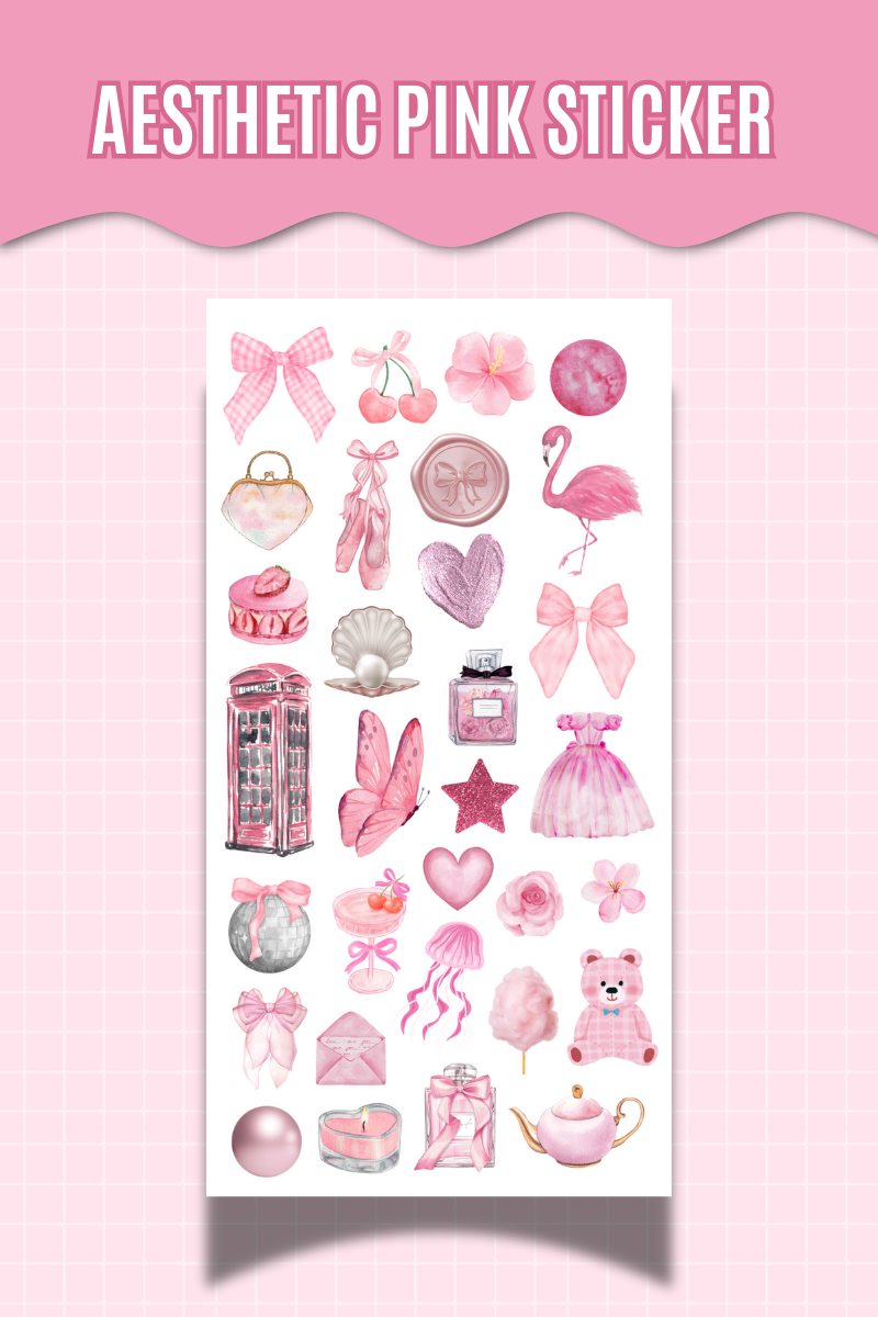 Aesthetic Pembe Temalı Kelebek Fiyonk Çiçek Kalp ve Dekoratif Etiket Ajanda Scrapbook Bullet Journal