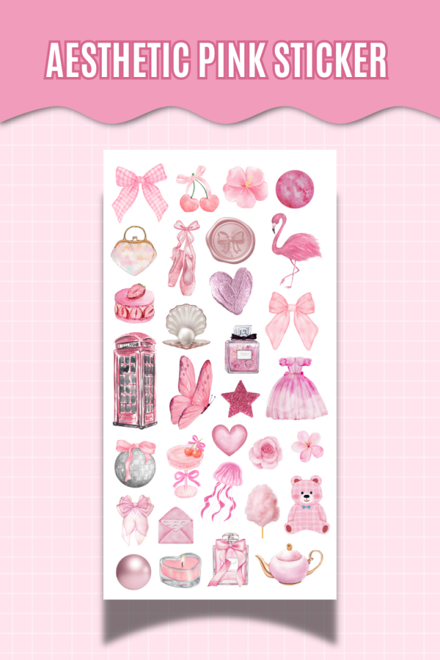 Aesthetic Pembe Temalı Kelebek Fiyonk Çiçek Kalp ve Dekoratif Etiket Ajanda Scrapbook Bullet Journal