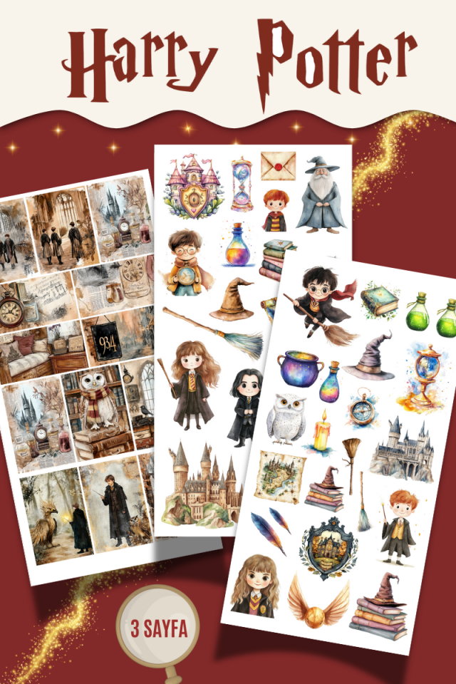 Harry Potter Sticker Seti – 3 Sayfa Büyülü Dünya Temalı – (Ajanda, Bullet Journal , Scrabook)