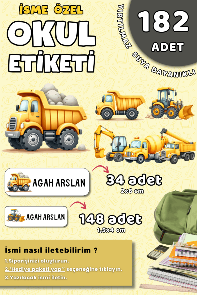 182 Adet Okul Etiketi Kalem Defter Etiketi İş Makinaları Temalı İsme Özel Etiket