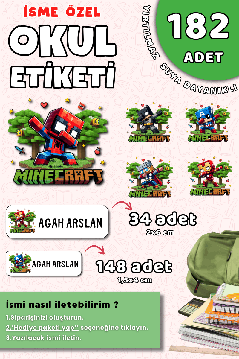 182 Adet Okul Etiketi Kalem Defter Etiketi Marvel / Minecraft Temalı İsme Özel Etiket