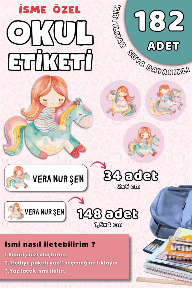 182 Adet Okul Etiketi Kalem Defter Etiketi Sevimli At ve Kız Çocuğu Temalı İsme Özel Etiket