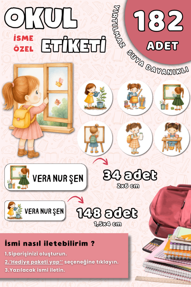 182 Adet Okul Etiketi Kalem Defter Etiketi Sevimli Kız Okul Çocuğu Temalı İsme Özel Etiket
