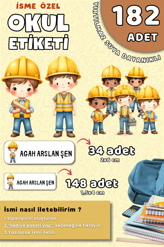 182 Adet Okul Etiketi Kalem Defter Etiketi SEvimli İşçi Çocuklar Temalı İsme Özel Etiket