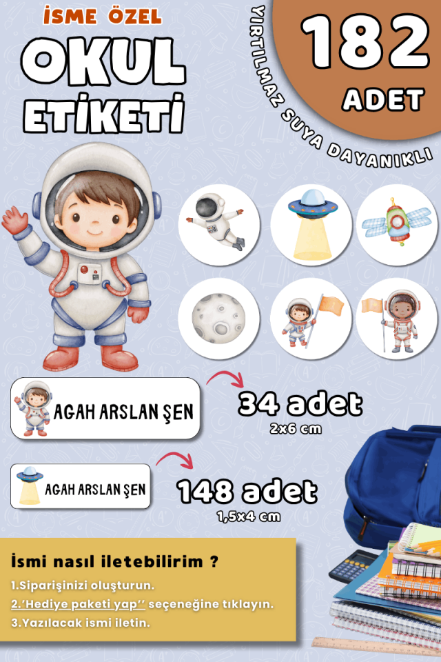182 Adet Okul Etiketi Kalem Defter Etiketi Astronot / Uzay Temalı İsme Özel Etiket