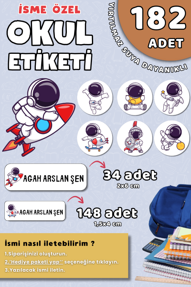 182 Adet Okul Etiketi Kalem Defter Etiketi Astronot / Uzay Temalı İsme Özel Etiket
