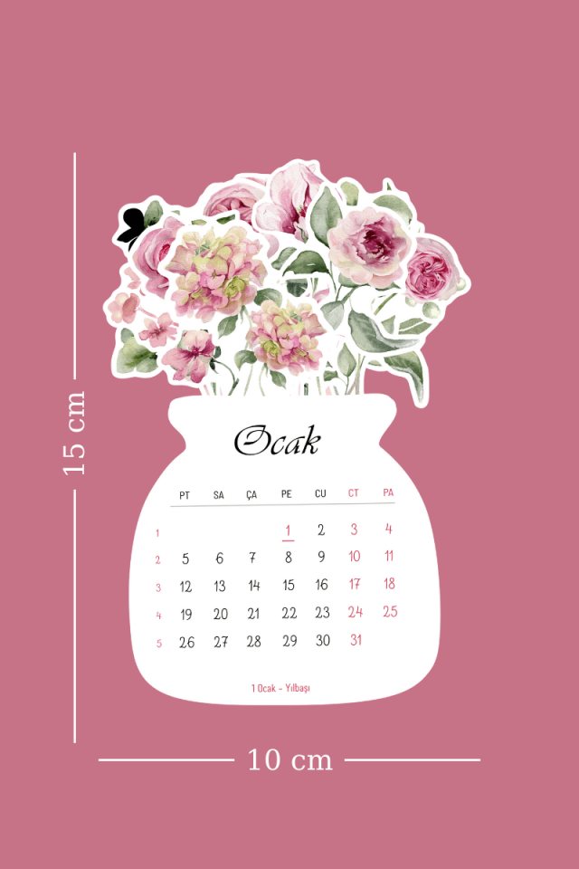 2026 Pembe Çiçekli Ahşap Standlı Mini Boy Masa Takvimi, Özel Tasarım Masa Takvimi Vazodaki Çiçekler