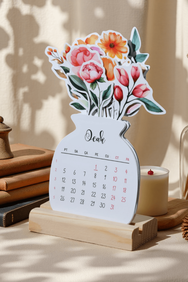 2026 Çiçekli Ahşap Standlı Mini Boy Masa Takvimi, Özel Tasarım Masa Takvimi Vazodaki Çiçekler