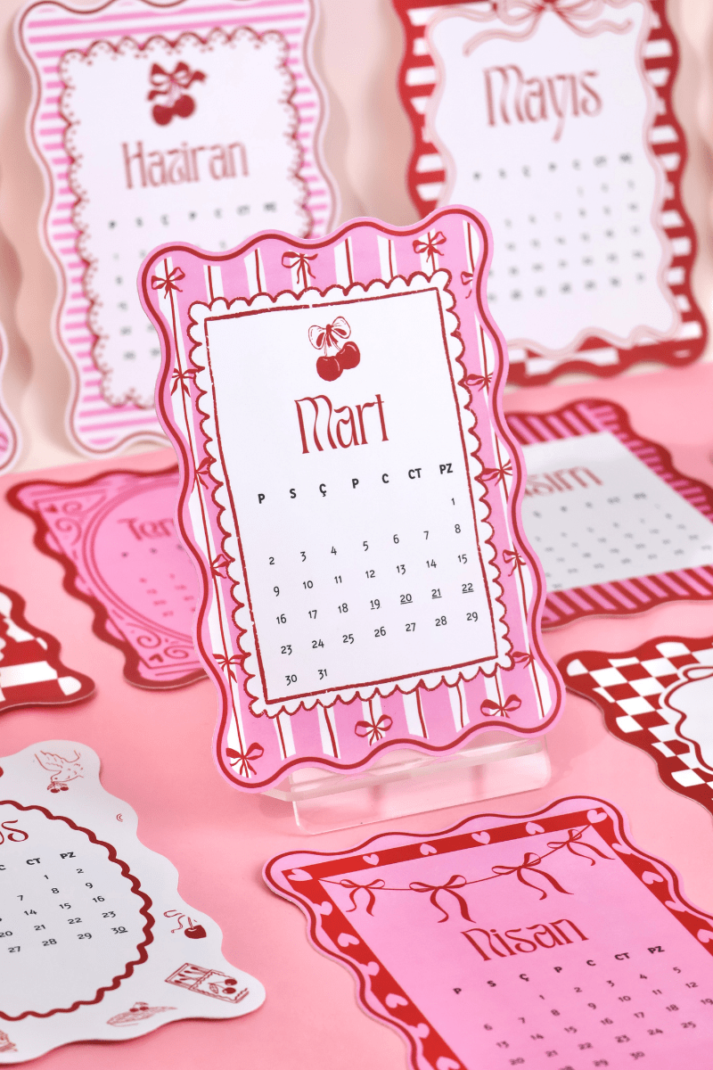 2026 Pleksi Standlı Coquette Kırmızı Pembe Masa Takvimi, Özel Tasarım Masa Takvimi Kurdeleler