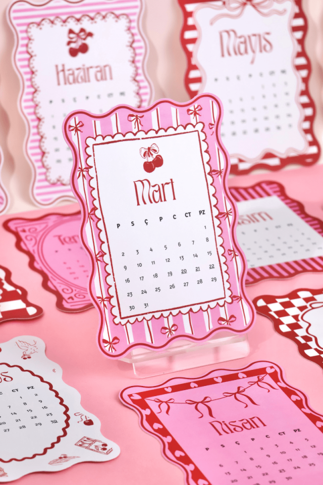 2026 Pleksi Standlı Coquette Kırmızı Pembe Masa Takvimi, Özel Tasarım Masa Takvimi Kurdeleler