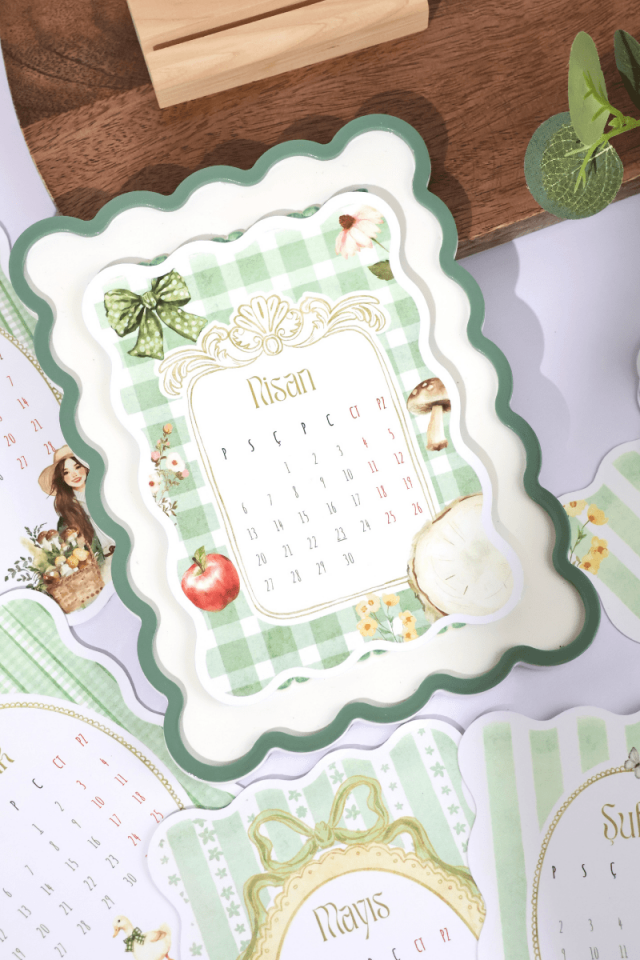 2026 Ahşap Standlı Coquette Yeşil Temalı Masa Takvimi, Özel Tasarım Masa Takvimi Yeşil