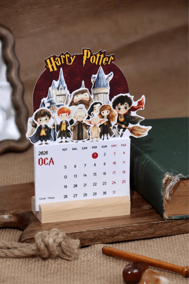 2026 Ahşap Standlı Harry Potter Temalı Masa Takvimi, Özel Tasarım Masa Takvimi