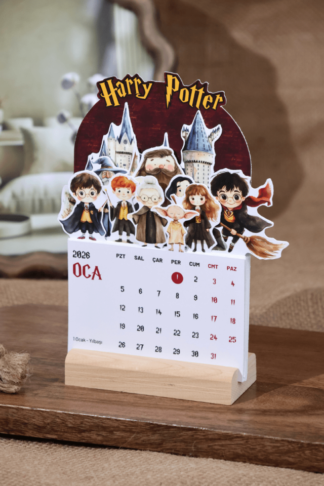 2026 Ahşap Standlı Harry Potter Temalı Masa Takvimi, Özel Tasarım Masa Takvimi