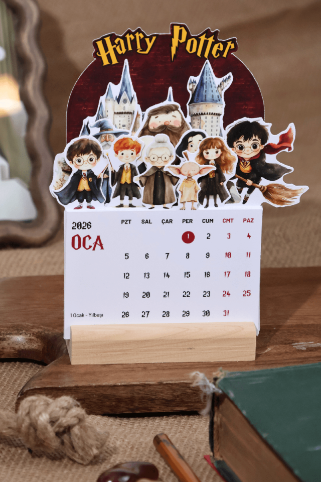 2026 Ahşap Standlı Harry Potter Temalı Masa Takvimi, Özel Tasarım Masa Takvimi